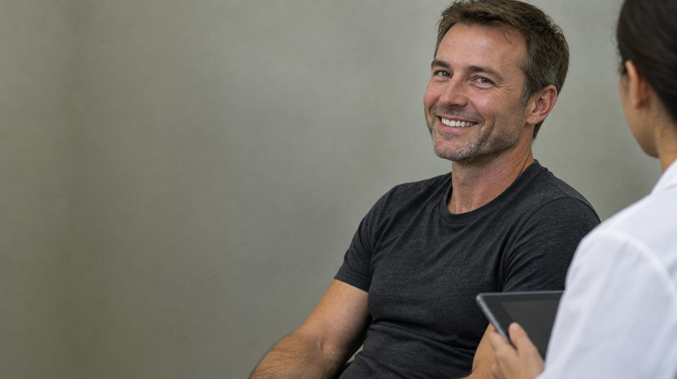 A smiling patient seated with his provider at Med Matrix